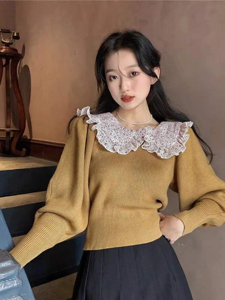 Large size lace splicing doll collar solid color sweater women's autumn and winter 2023 new loose outer wear long-sleeved knitte