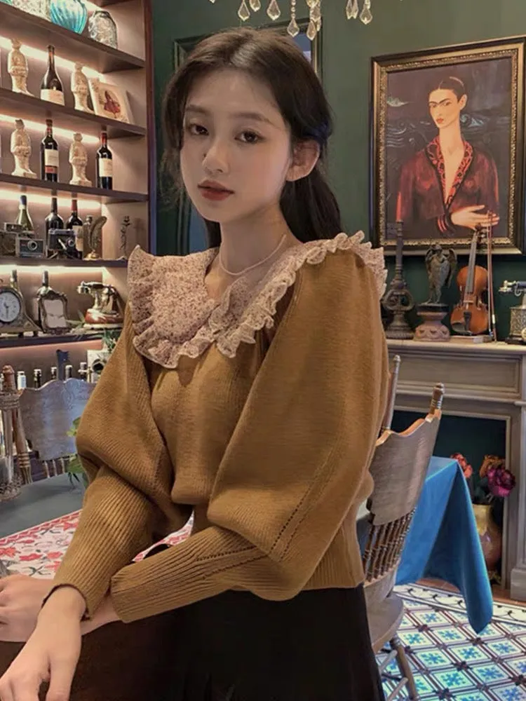 Large size lace splicing doll collar solid color sweater women's autumn and winter 2023 new loose outer wear long-sleeved knitte