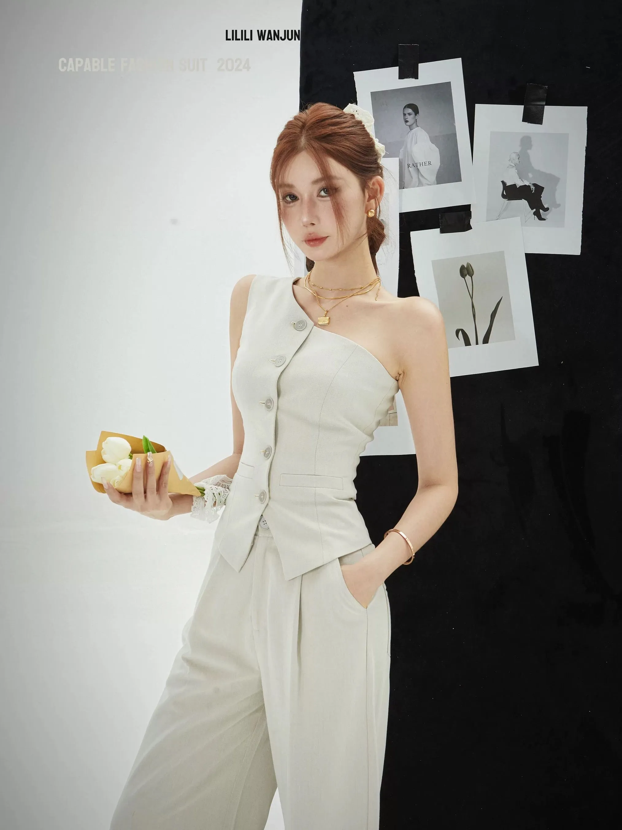 Li Wanjun Fashionable Casual Two-piece Suit Women's Summer 2024 New Sleeveless Vest Top Suit Wide Leg Pants