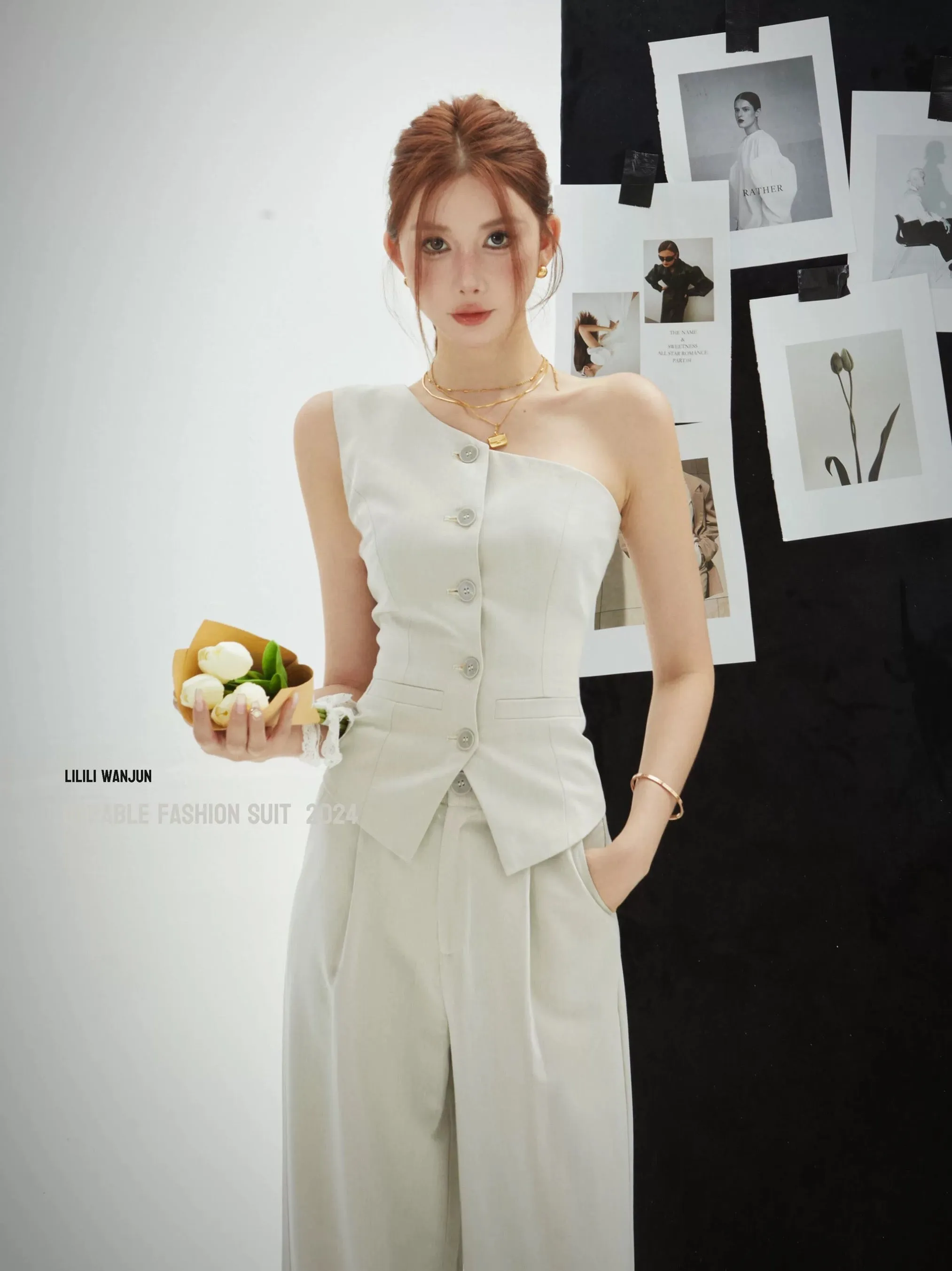 Li Wanjun Fashionable Casual Two-piece Suit Women's Summer 2024 New Sleeveless Vest Top Suit Wide Leg Pants