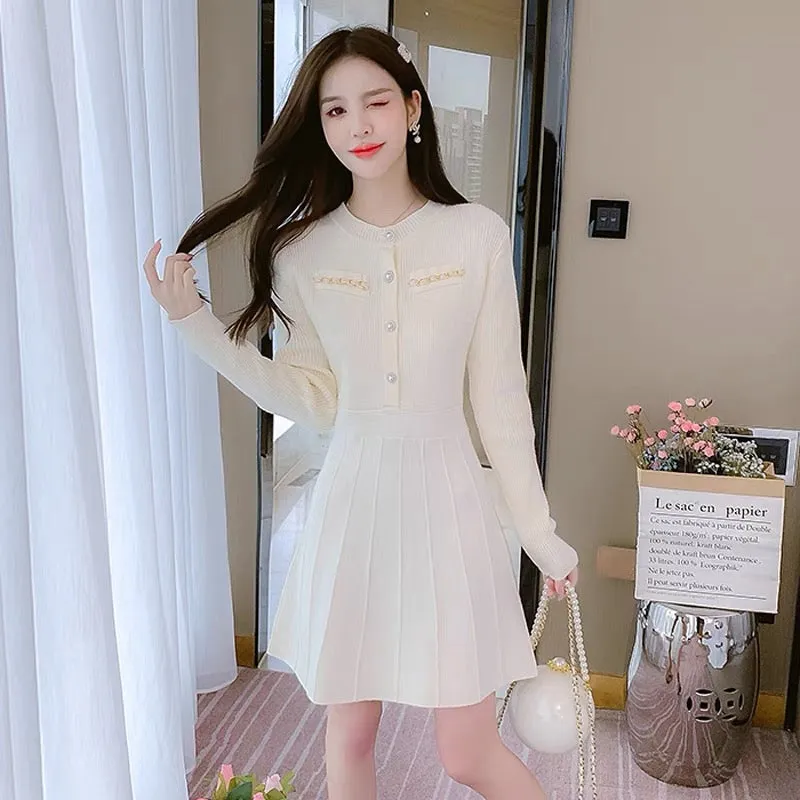 lolita small fragrant style knitted dress for women autumn and winter 2022 new style French temperament small bottoming sweater 