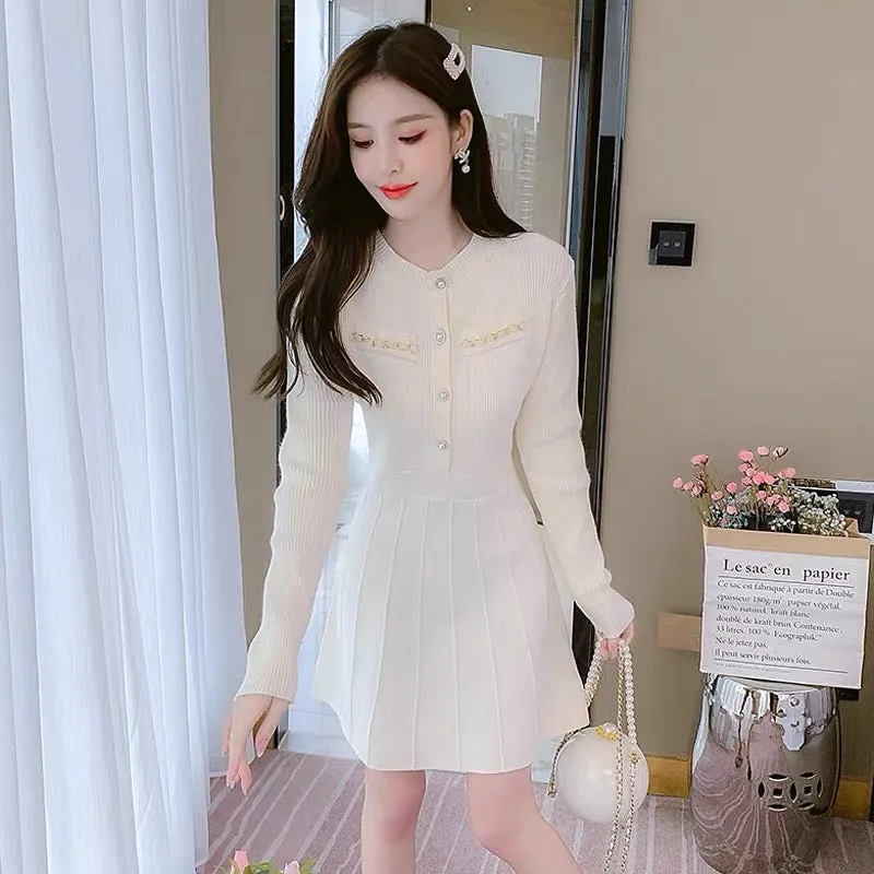 lolita small fragrant style knitted dress for women autumn and winter 2022 new style French temperament small bottoming sweater 