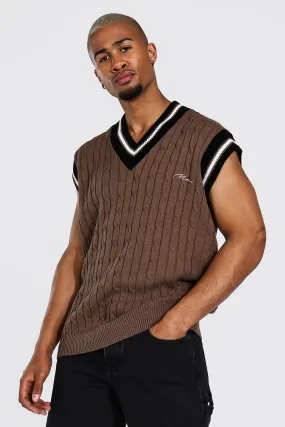 Man Cable Knit Oversized Vest With Stripes | boohooMAN UK