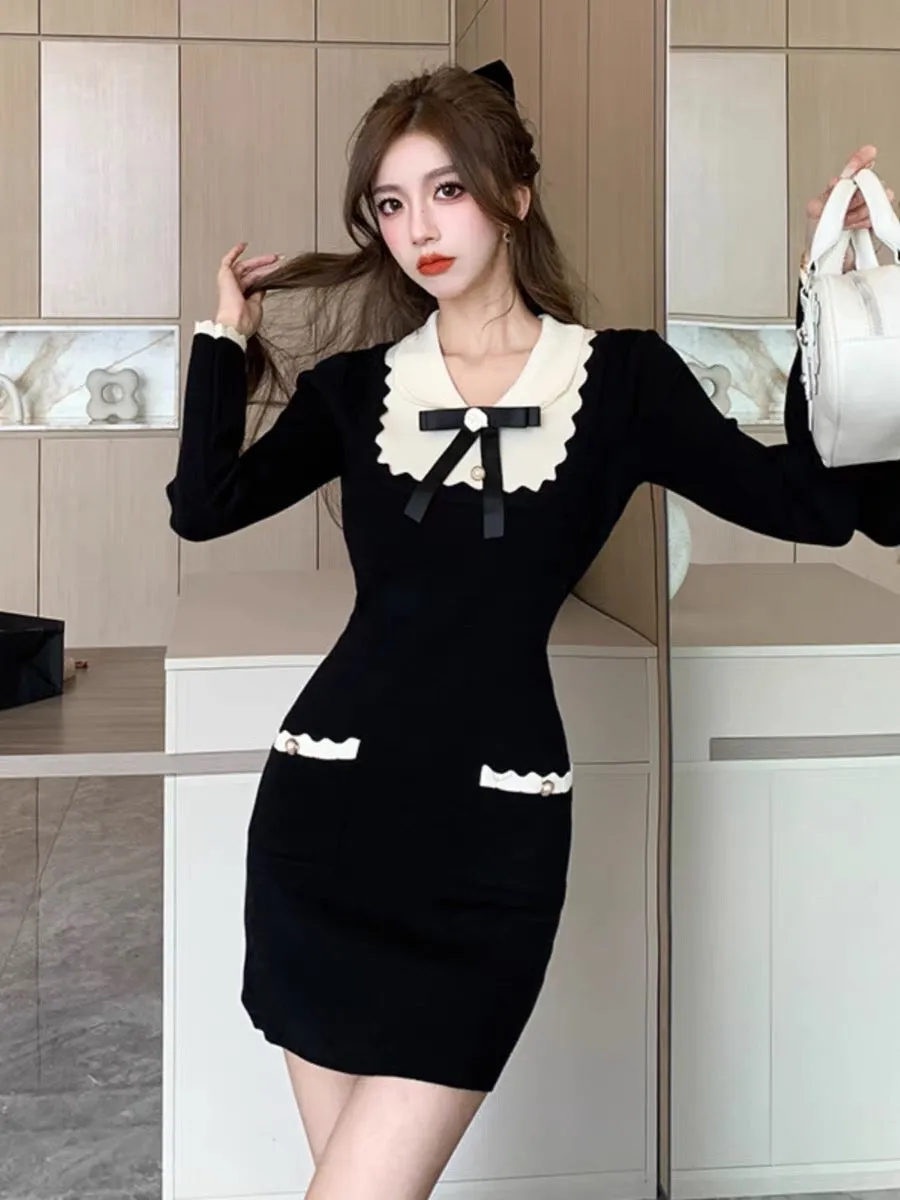 Minimalist bow ruffled contrasting color knitted dress for women winter small fragrant style bottoming sweater hip-hugging minis