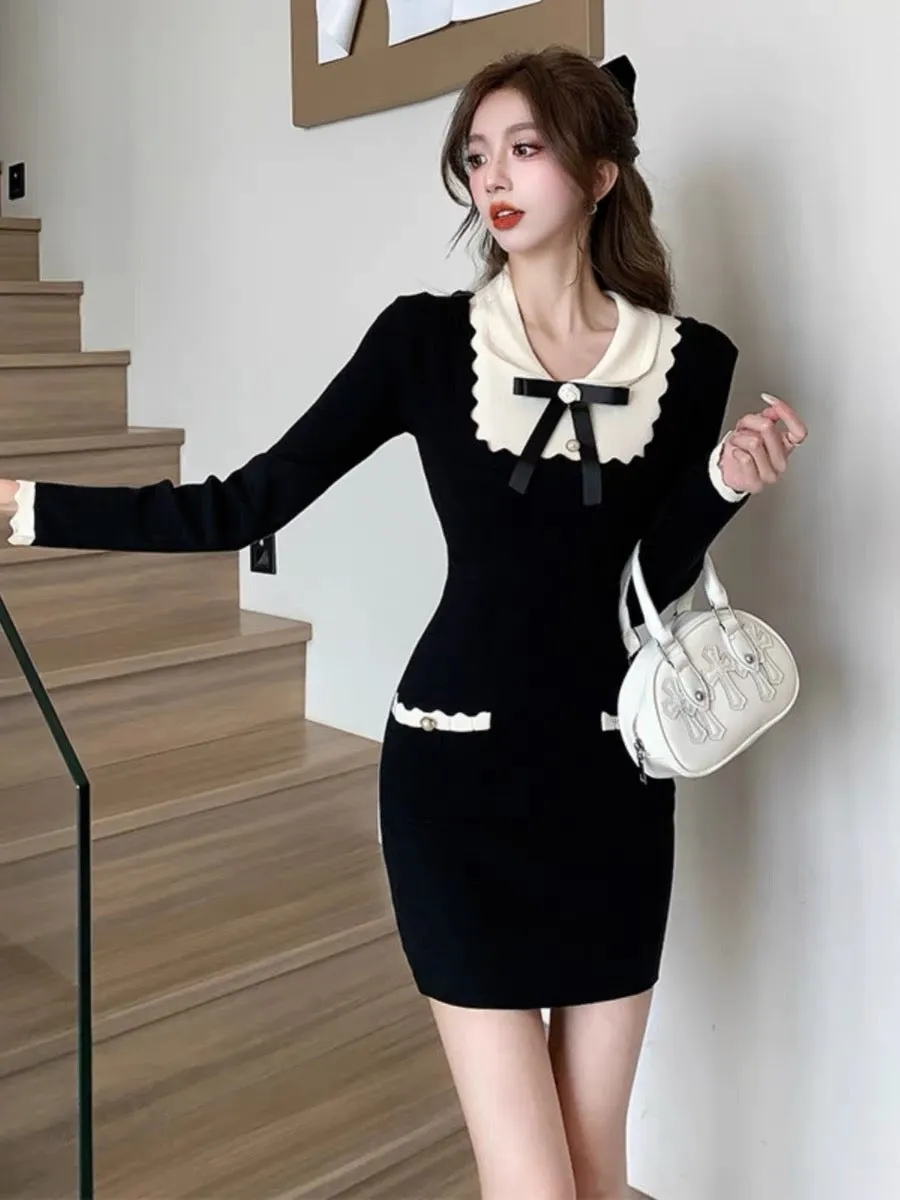 Minimalist bow ruffled contrasting color knitted dress for women winter small fragrant style bottoming sweater hip-hugging minis