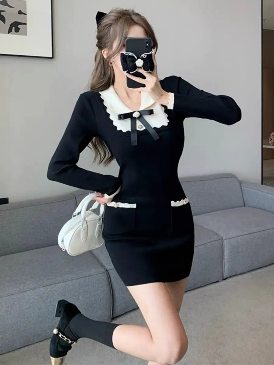 Minimalist bow ruffled contrasting color knitted dress for women winter small fragrant style bottoming sweater hip-hugging minis