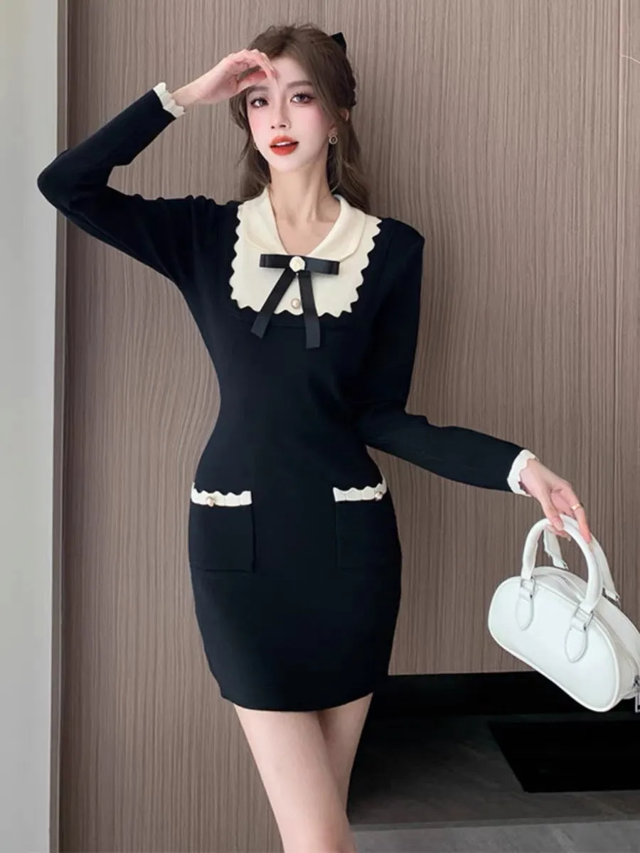 Minimalist bow ruffled contrasting color knitted dress for women winter small fragrant style bottoming sweater hip-hugging minis