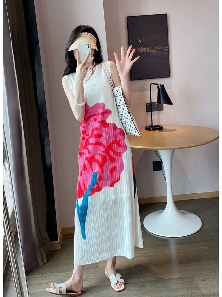 Miyake Chikage high-end printed pleated dress women's summer large size slim straight vest dress long skirt high-end