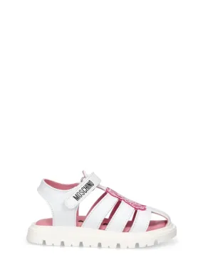 Moschino   Logo print leather sandals w/teddy patch 