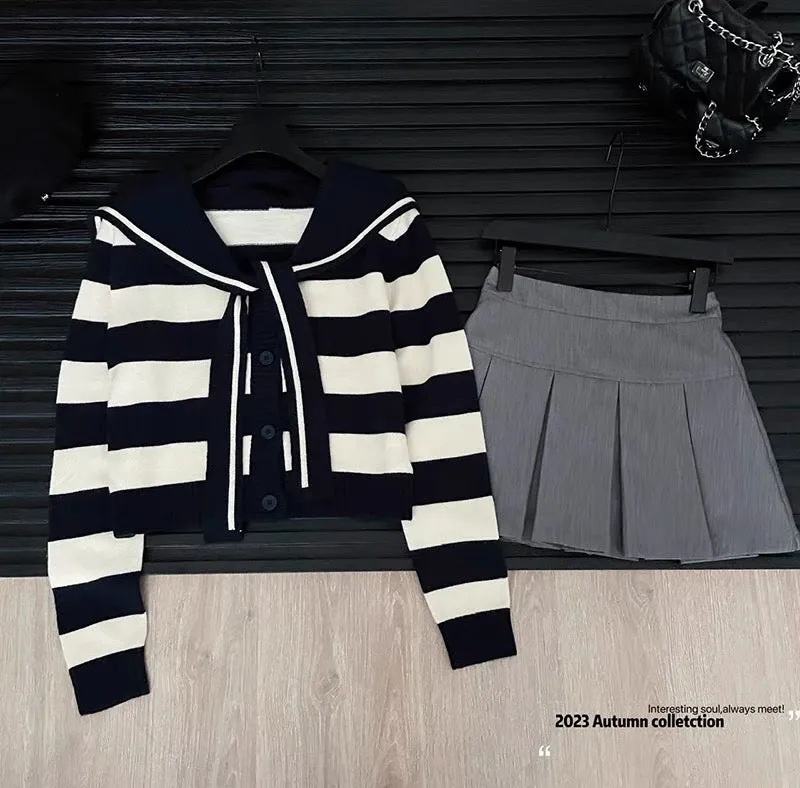 Navy collar striped sweater women's spring and autumn 2023 new autumn tops college style long-sleeved pullover sweater