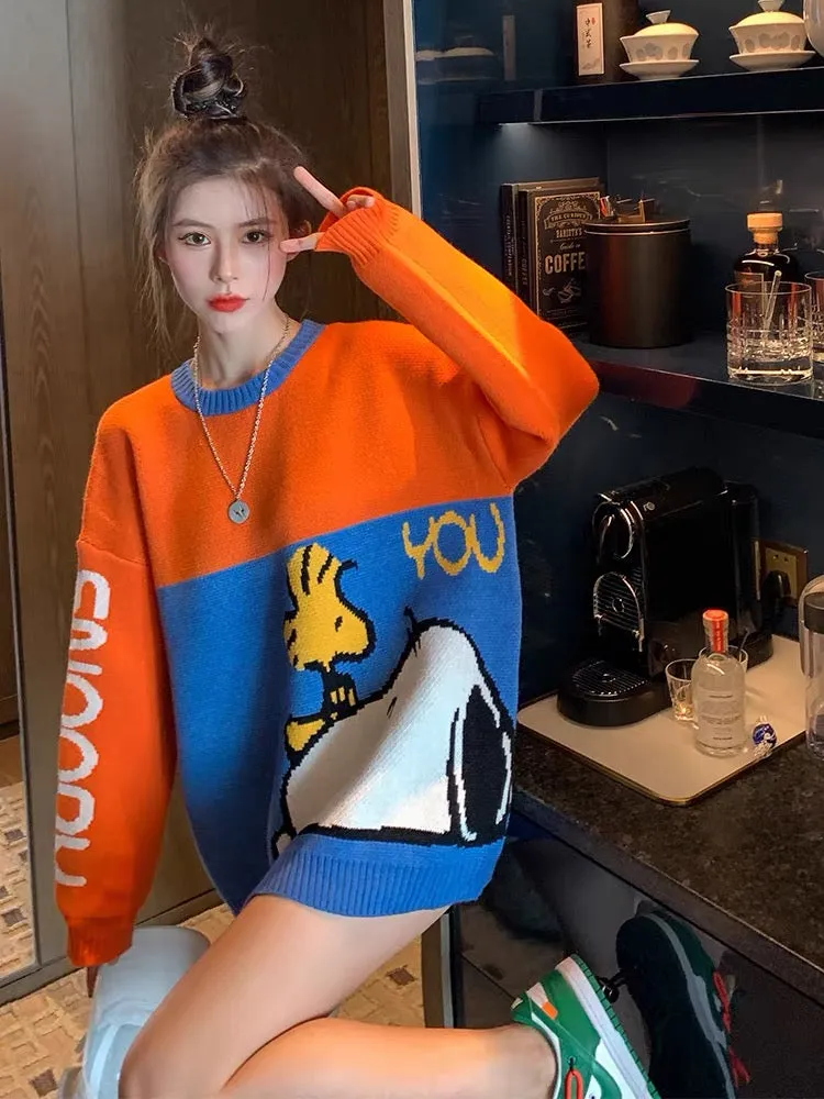 Orange cartoon splicing sweater women's pullover mid-length European fashion forest style bottoming sweater autumn and winter tr