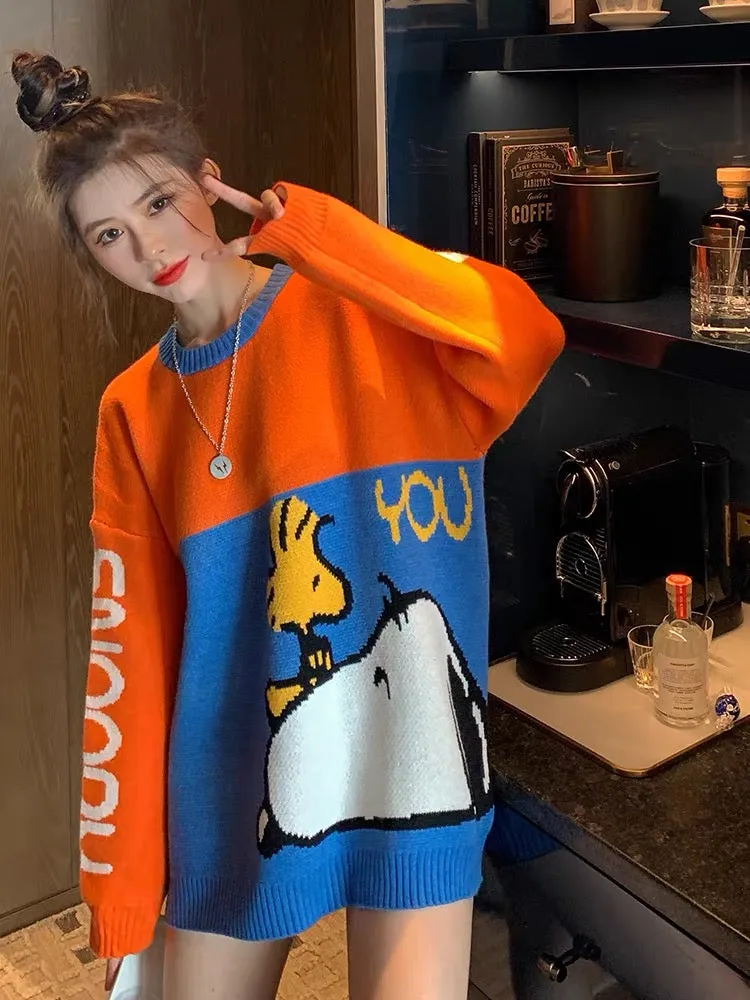 Orange cartoon splicing sweater women's pullover mid-length European fashion forest style bottoming sweater autumn and winter tr