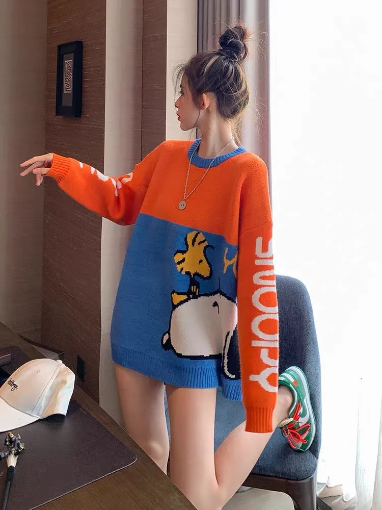 Orange cartoon splicing sweater women's pullover mid-length European fashion forest style bottoming sweater autumn and winter tr