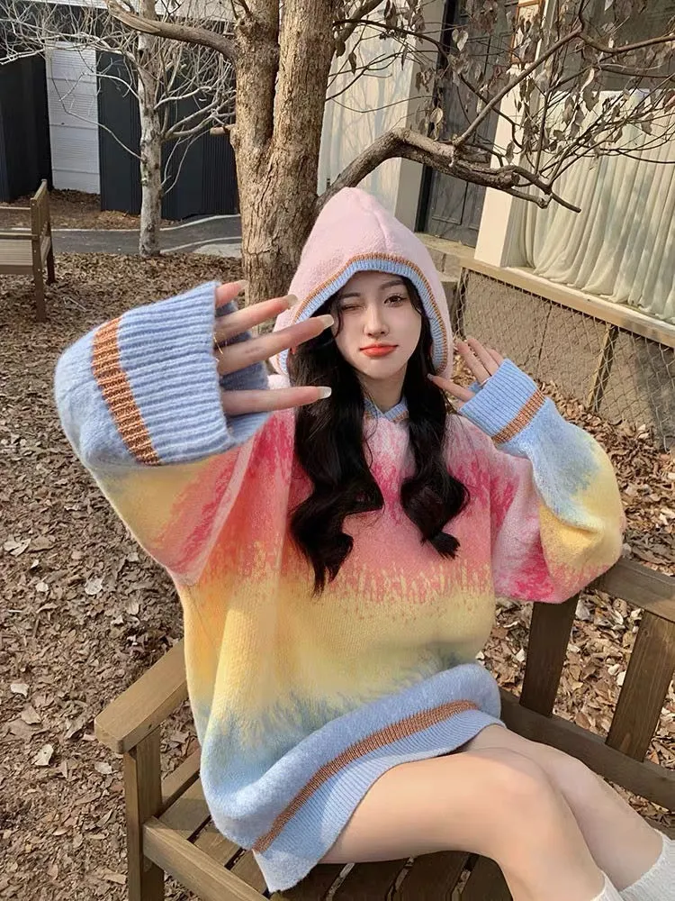 Popular street colorful gradient striped hooded sweater for women autumn and winter chic thick warm loose lazy sweater T3442