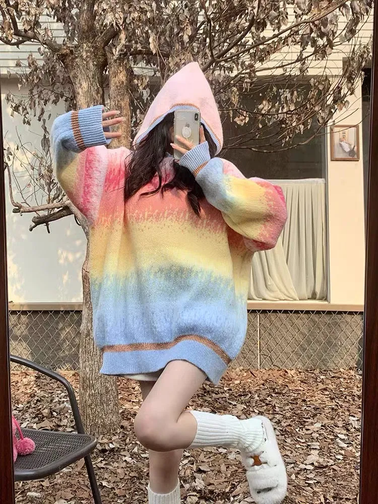 Popular street colorful gradient striped hooded sweater for women autumn and winter chic thick warm loose lazy sweater T3442