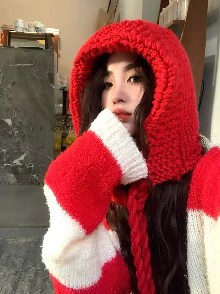 Red striped high-end soft waxy sweater for women is popular this year for age reduction, beautiful and stylish Korean style lazy