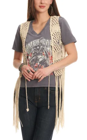 Rock & Roll Denim Women's Natural Bone Crochet Fringed Vest