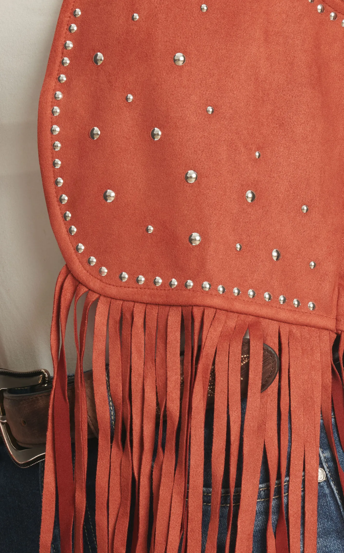 Rock & Roll Denim Women's Rust Faux Suede Studded & Fringed Vest