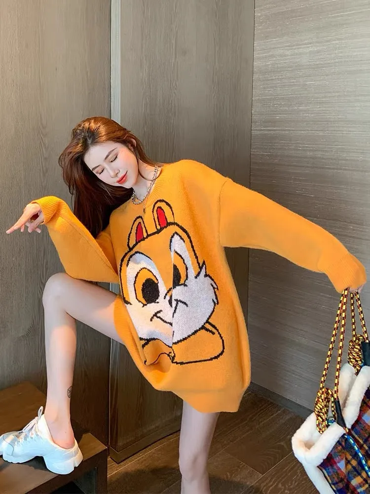 Squirrel Orange Japanese Sweater Women's Mid-Length Loose Korean Fashion Design Pullover Autumn and Winter Knitted Sweater T2381