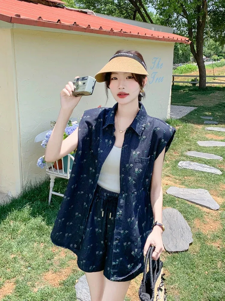 Street fashionable denim suit pants for women summer 2024 new style, this year's popular and stylish vest and shorts two-piece s