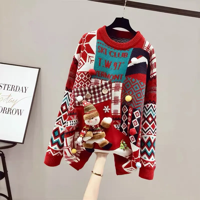 Sweater women's autumn and winter thick long 2023 new Christmas zodiac year of the rabbit red top hot style fashionable