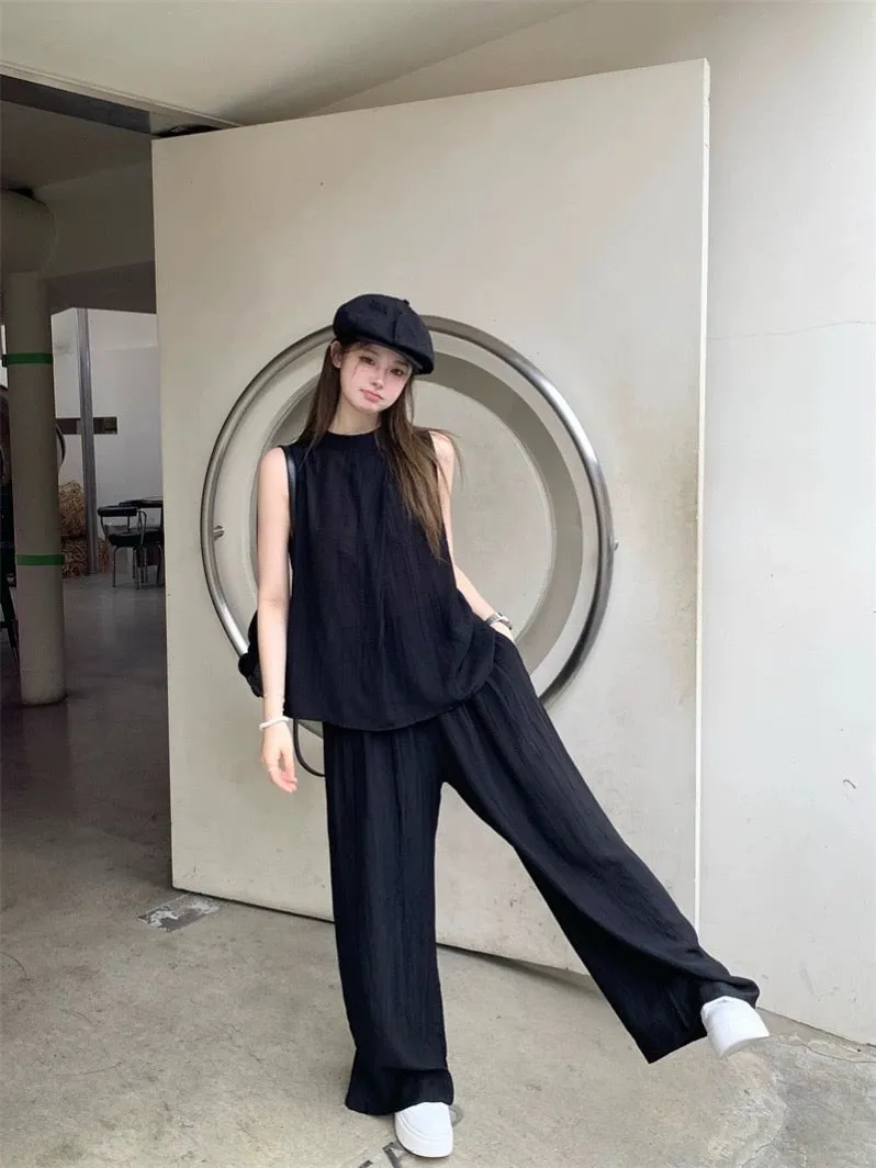 Tea-style outfit, a complete set of temperament, loose sleeveless vest top, women's summer casual wide-leg pants two-piece set