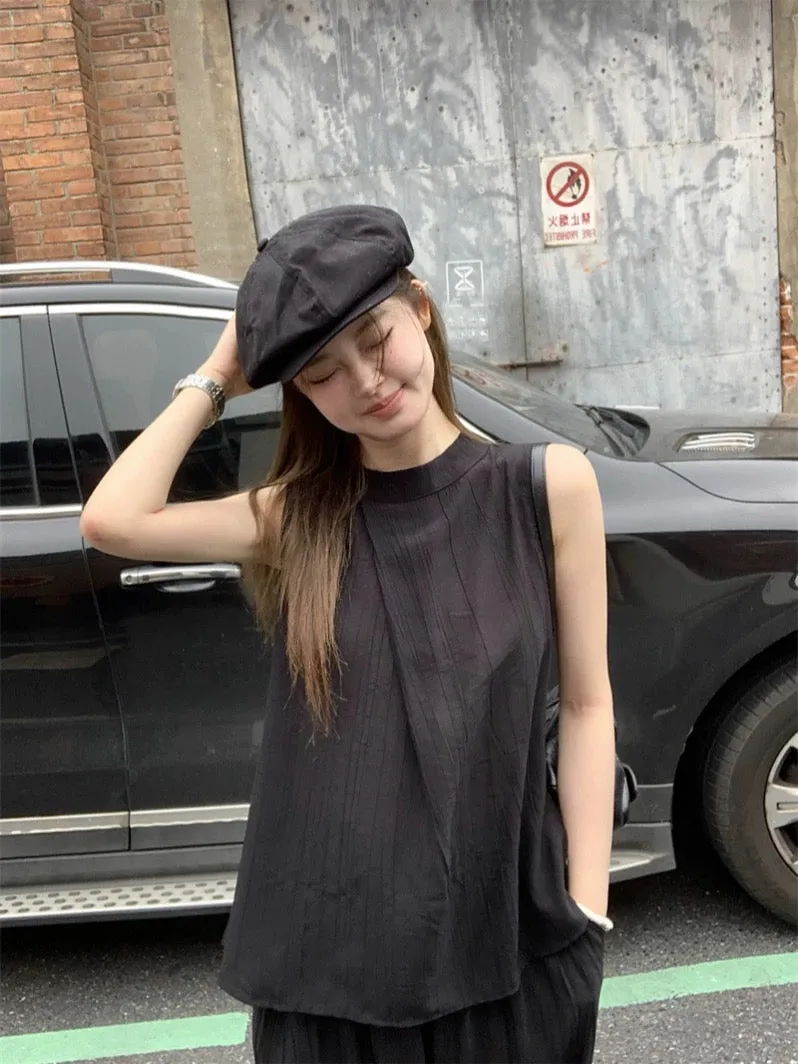 Tea-style outfit, a complete set of temperament, loose sleeveless vest top, women's summer casual wide-leg pants two-piece set