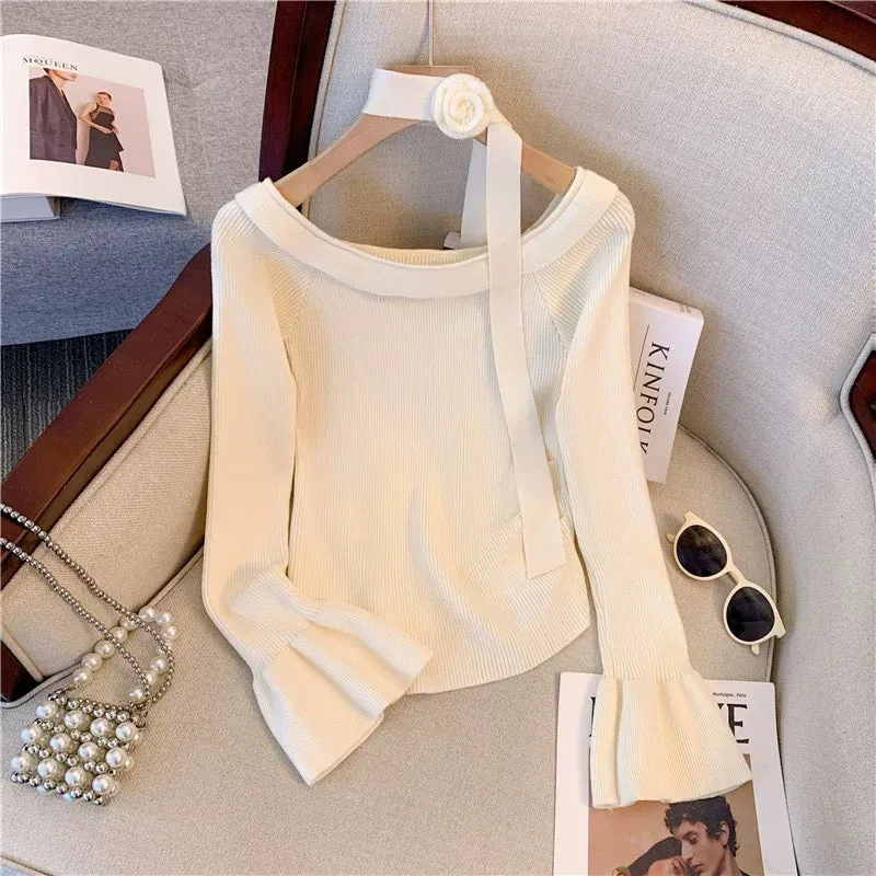 Temperament, high-end and sexy one-shoulder white bell sleeves, slim-fitting bottoming sweater top for women in autumn and winte