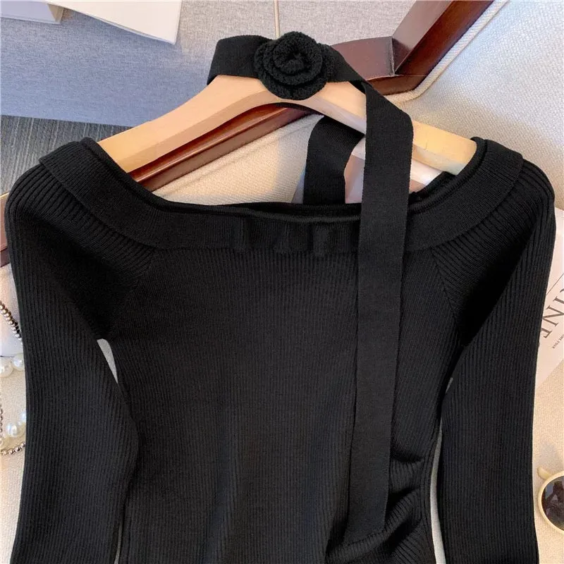 Temperament, high-end and sexy one-shoulder white bell sleeves, slim-fitting bottoming sweater top for women in autumn and winte