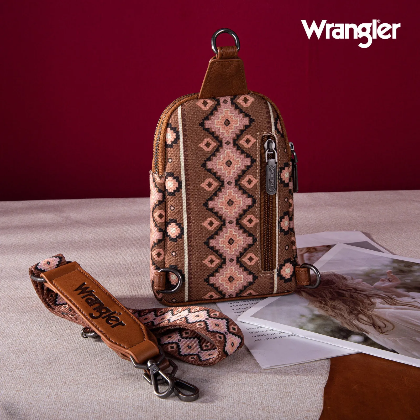 WG2205-210  Wrangler Aztec Print Crossbody Sling Chest Bag - Dark Brown