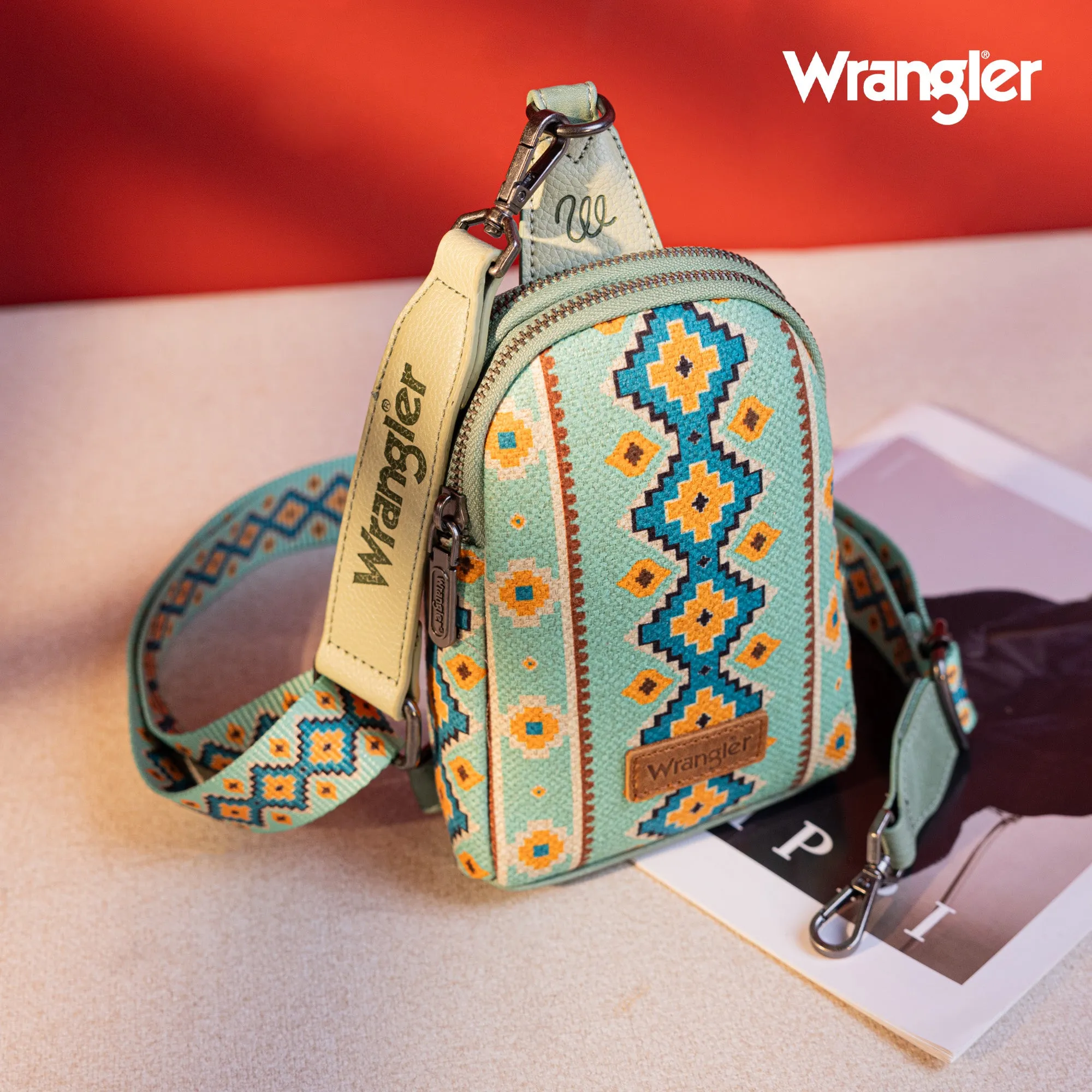 WG2205-210  Wrangler Aztec Print Crossbody Sling Chest Bag  - Light Green