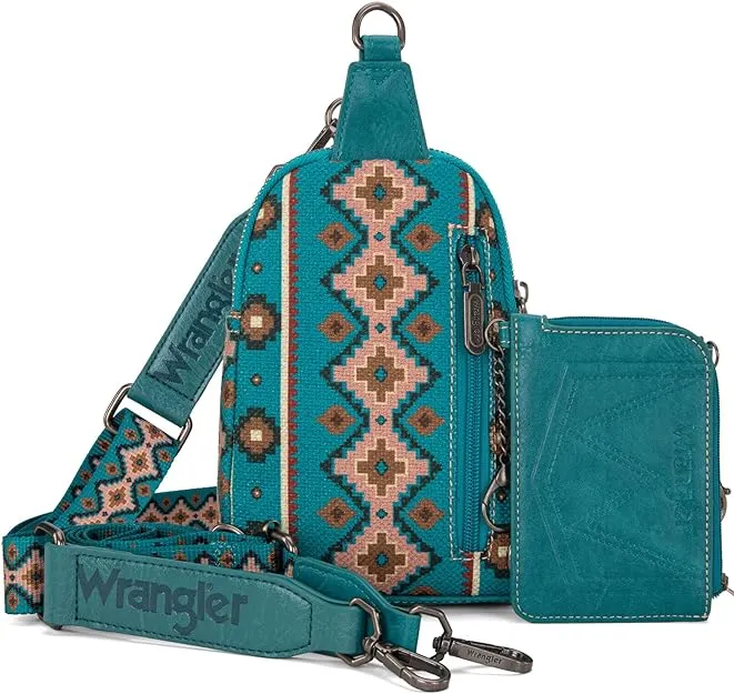 WG2205-210W  Wrangler Aztec Print Crossbody Sling Chest Bag With Zip Card Holder Set -Dark Turquoise