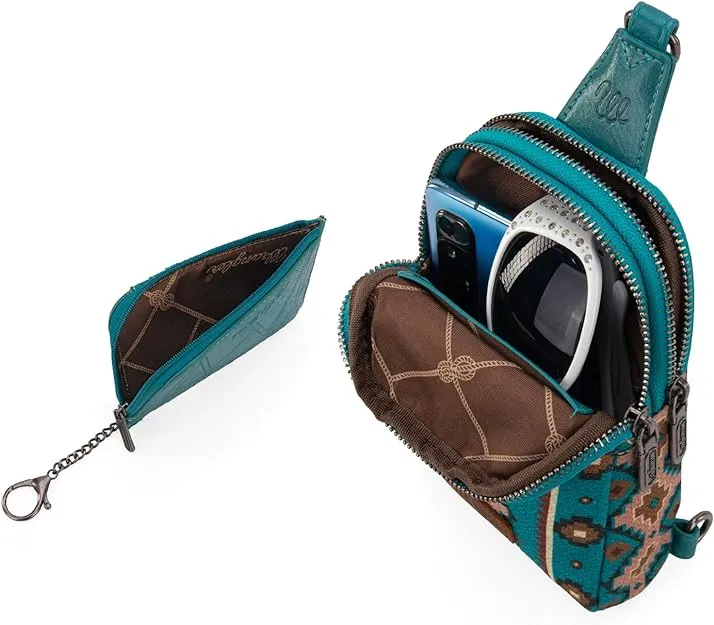 WG2205-210W  Wrangler Aztec Print Crossbody Sling Chest Bag With Zip Card Holder Set -Dark Turquoise