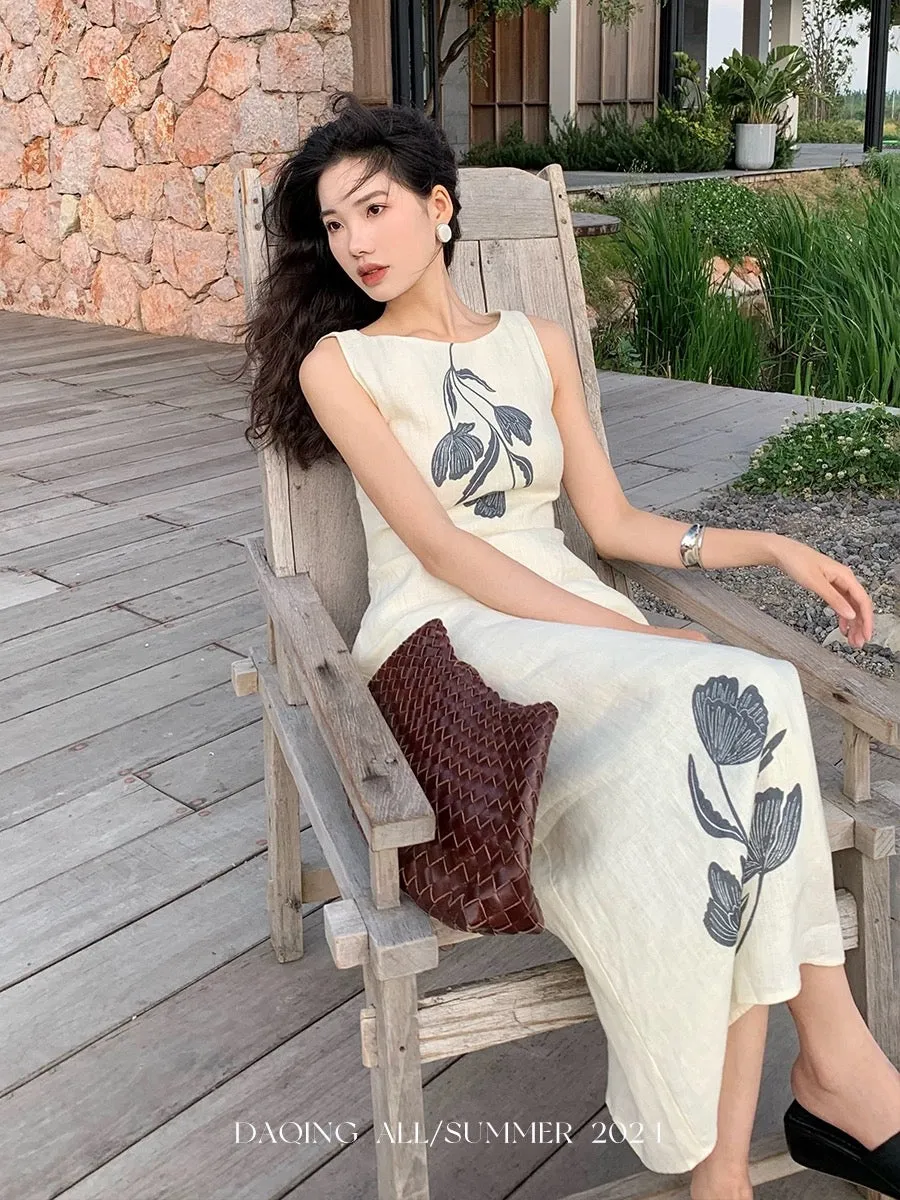 Xu Daqing [Shunhua] Retro Lazy Linen Printed Vacation Outing Vest High Waisted Versatile Dress Top