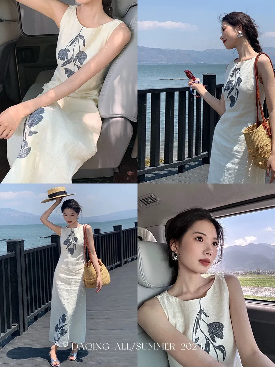 Xu Daqing [Shunhua] Retro Lazy Linen Printed Vacation Outing Vest High Waisted Versatile Dress Top