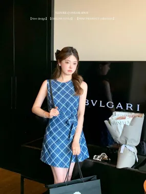 Yang Xiaojuan girly denim blue plaid sleeveless dress college style vest dress summer short skirt