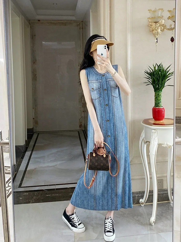 Yuan Sijie Miyake style pleated dress denim retro straight long skirt plus size women's slim vest dress summer