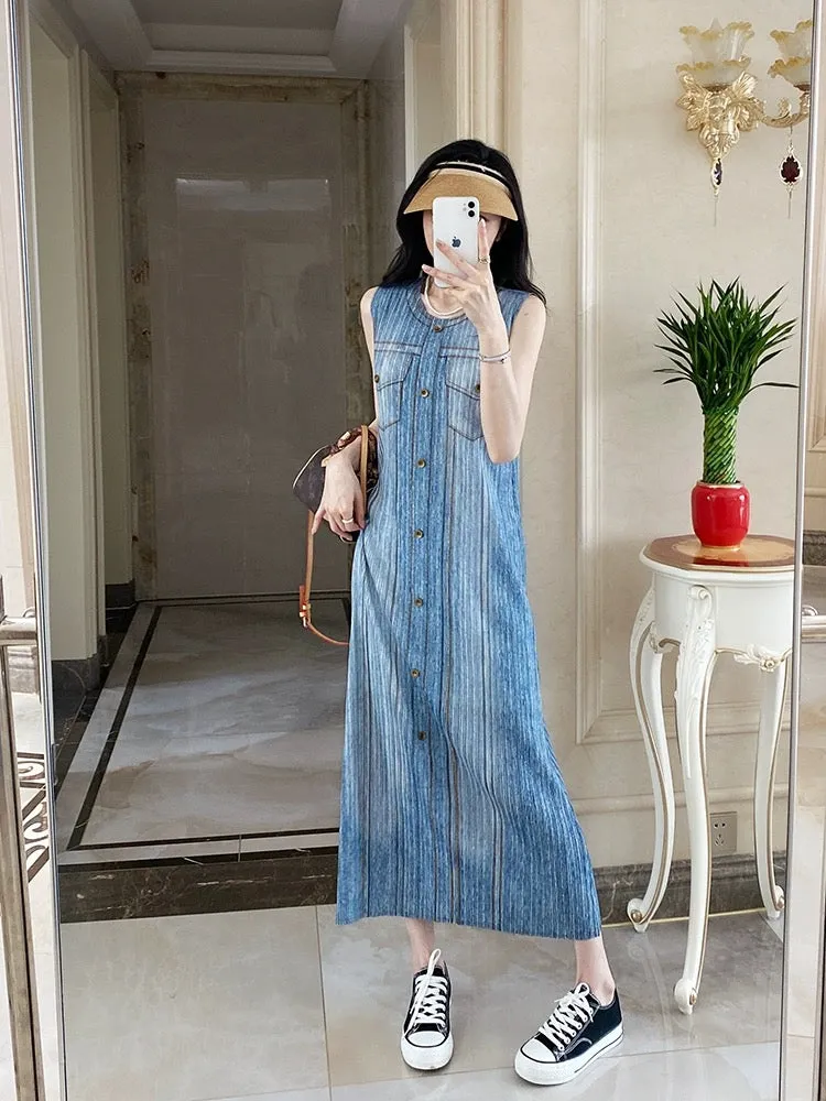 Yuan Sijie Miyake style pleated dress denim retro straight long skirt plus size women's slim vest dress summer