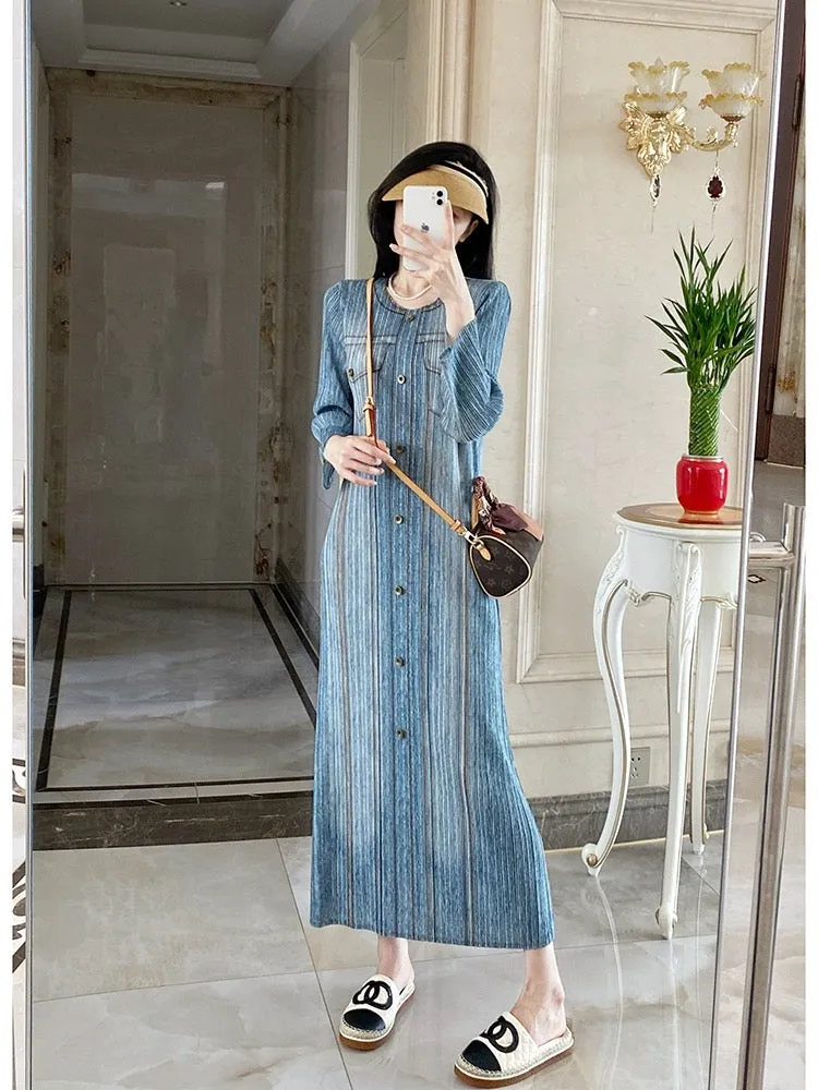 Yuan Sijie Miyake style pleated dress denim retro straight long skirt plus size women's slim vest dress summer