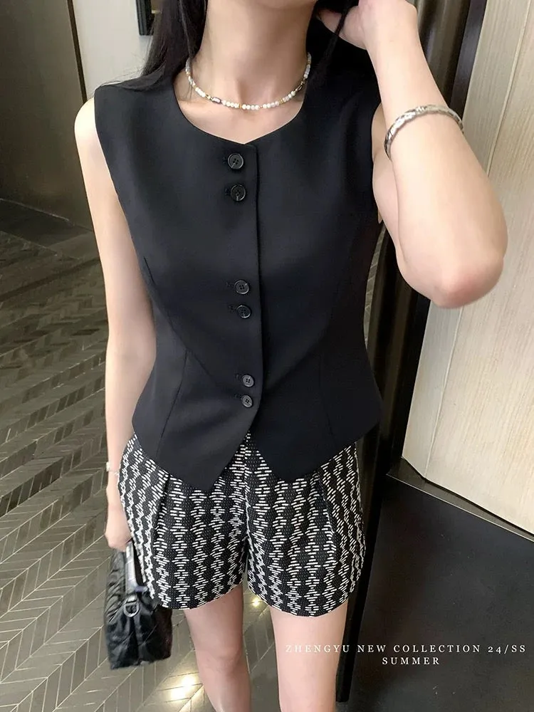 【ZHENG YU】Round neck suit vest for women summer design niche vest short sleeveless top